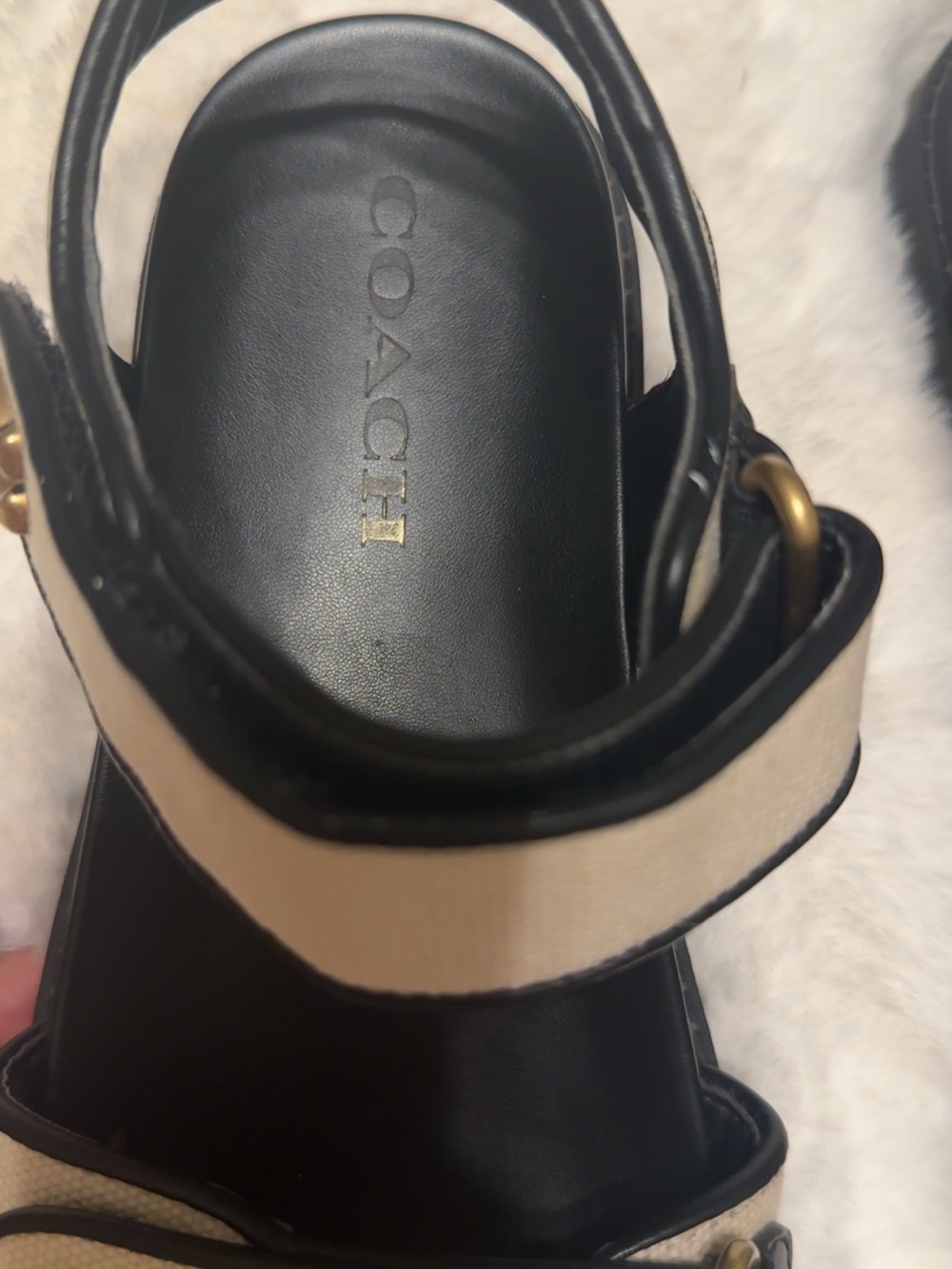 Coach Beige Canvas and Black Leather Strap Sandals with Gold Hardware - Picture 3 of 10